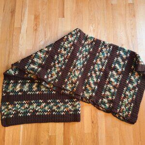 Vintage handmade striped crochet Afghan blanket brown and green forest colors